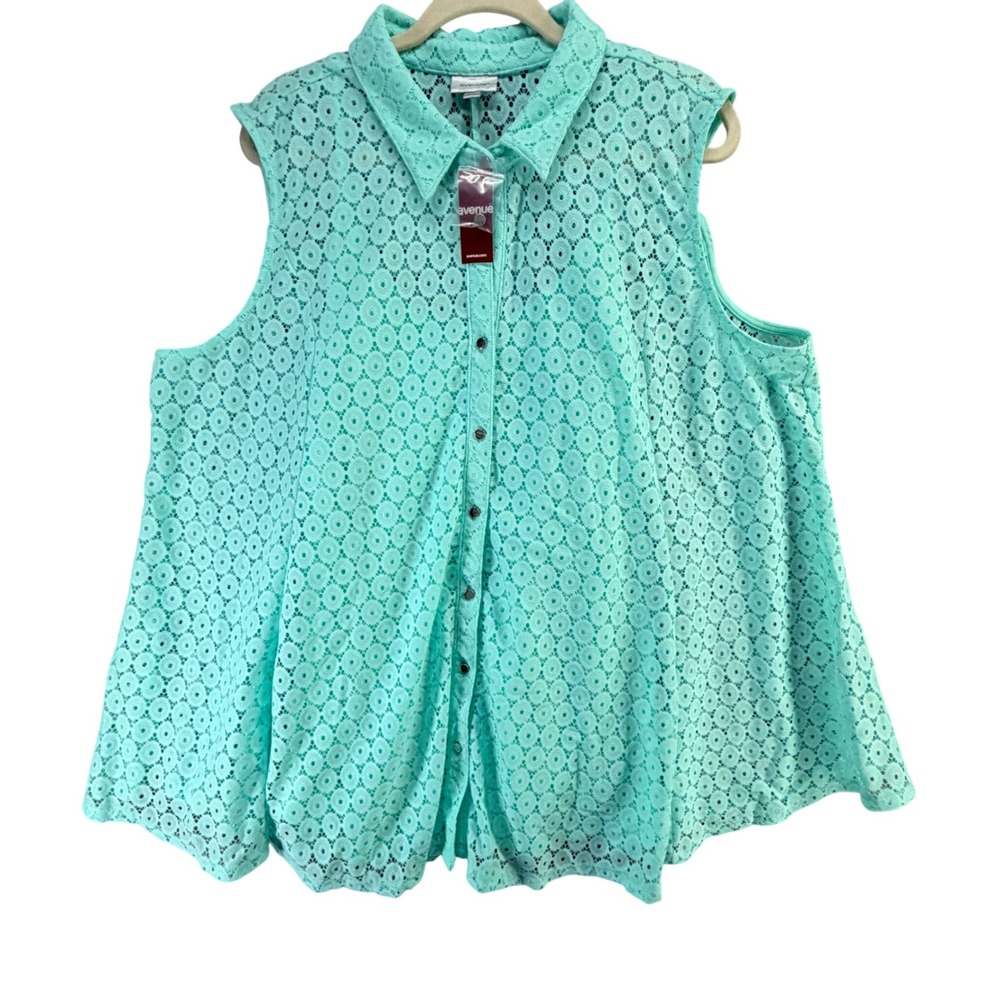 Avenue Lace Blouse Tank Set Womens 22/24 Mint Green Button Down Geometric Eyelet